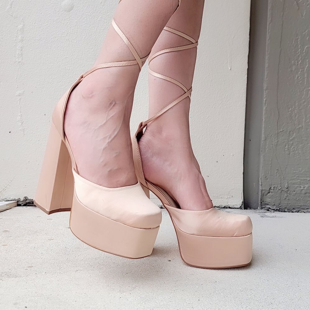 Champagne Platform High Heel Sandals Women Lace Up Square Close - Picture 2 of 5